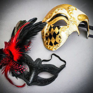 Venetian Gold Black Phantom Half Face & Glitter RED Feather Eye Couple Mask
